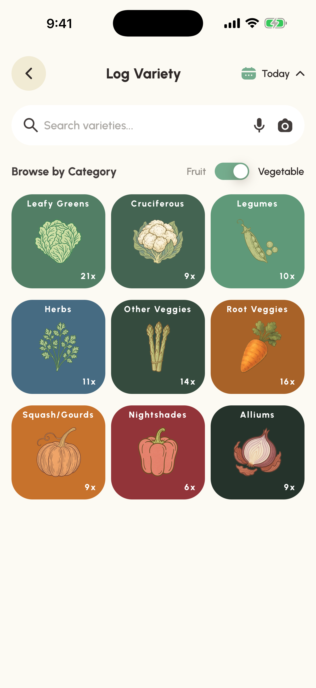 Log Variety screen — browse fruit and vegetable categories such as Leafy Greens, Cruciferous, Legumes, Herbs and Root Veggies.