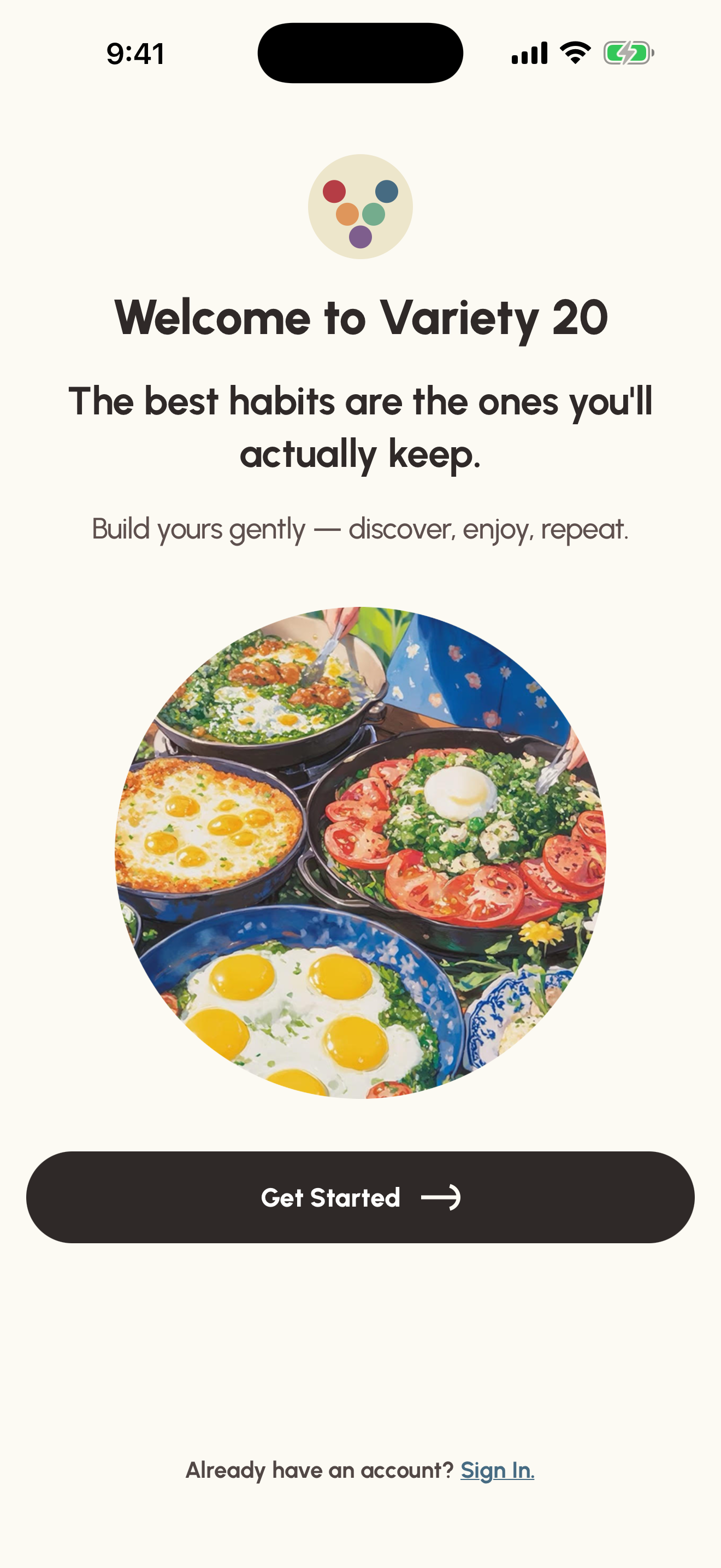 Variety 20 welcome screen — Welcome to Variety 20, the best diet is the one you'll actually stick to.