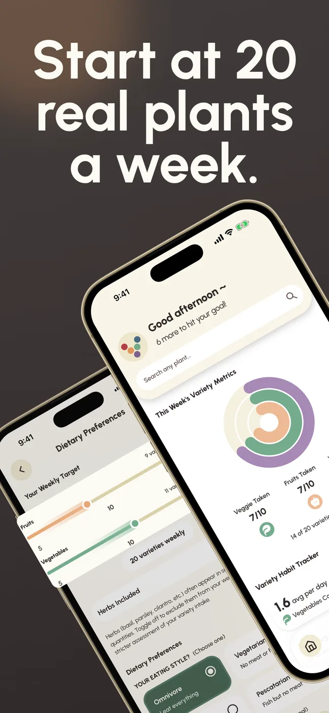 Store screenshot 2 — Start at 20 real plants a week; set your own pace, 10 to 30. Target and dietary preference screens.