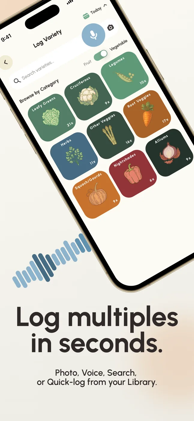 Store screenshot 4 — Log multiples in seconds by photo, voice, or quick-log from your Library.