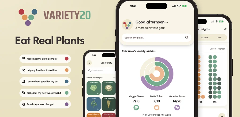 Variety 20 — Eat Real Plants. Brand banner with the five-color logo and app preview.